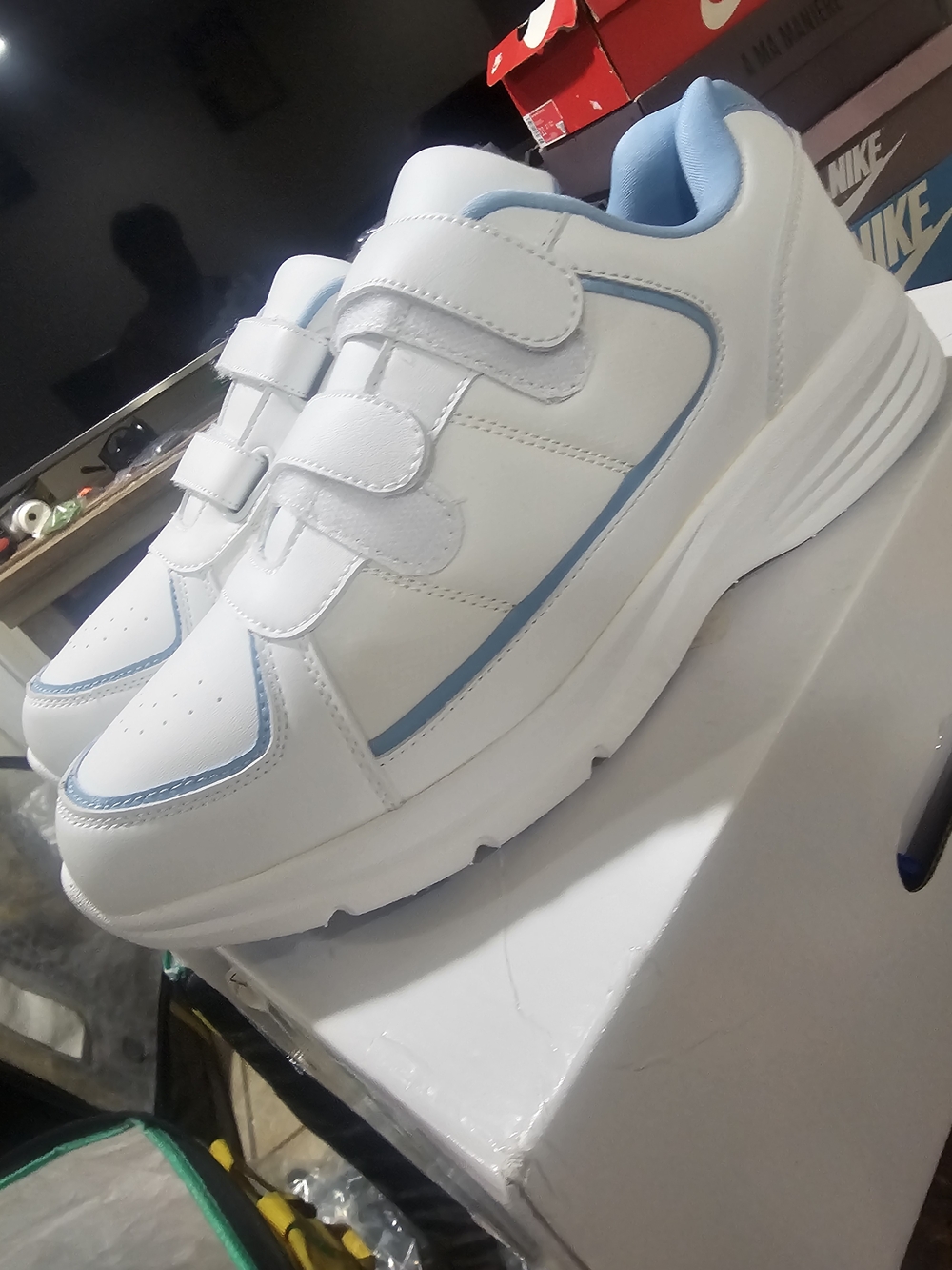 Nike Kids White and Light Blue Velcro Sneakers